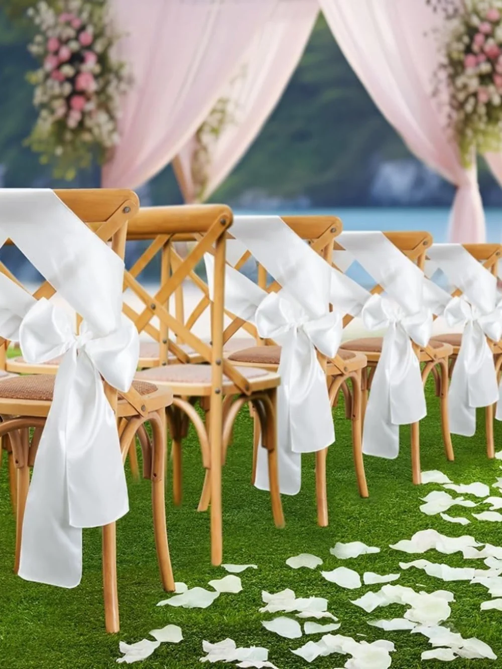 White Satin Chair Sashes Bows, 6 x 108 inch, 29pcs